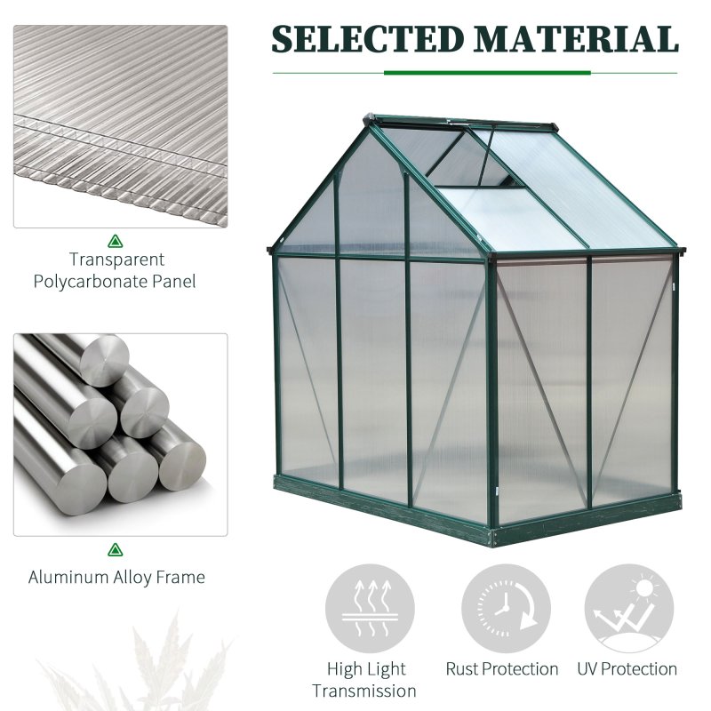 Outsunny 6 x 4ft Polycarbonate Greenhouse, Large Walk-In Green House with Slide Door and Window, Garden Plants Grow House with Aluminium Frame and Foundation, Dark Green
