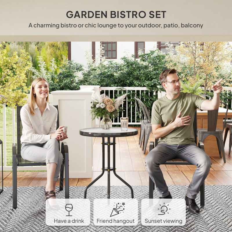 Outsunny 3 Pieces Garden Dining Set, 2 Seater Garden Furniture with High Back Stackable Chairs and Round Glass Top Table, Outdoor Bistro Set for Patio, Black