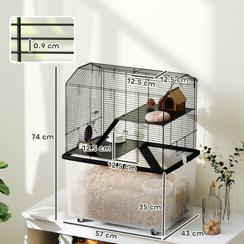 PawHut Hamster Cage, Gerbil Cage 3 Tier with Wheels, Deep Bottom, Ramps, Food Dish, Water Bottle, for Dwarf, Syrian, 57 x 43 x 74cm - Black
