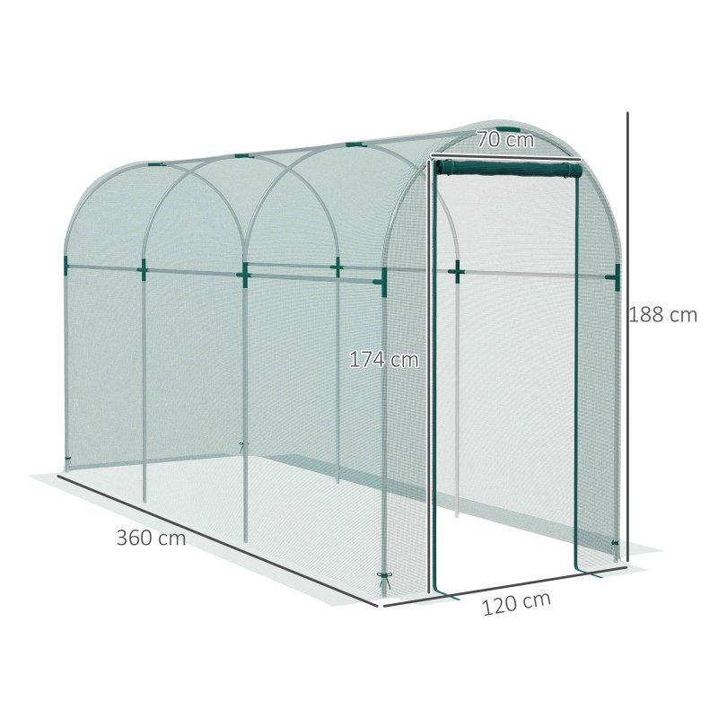 Outsunny Fruit Cage Bird Netting, Heavy Duty Fruit and Vegetable Protection Tent with Zipped Door, Anti Bird, Insects, Small Animals, 1.2 x 3.6 x 1.9m, Green