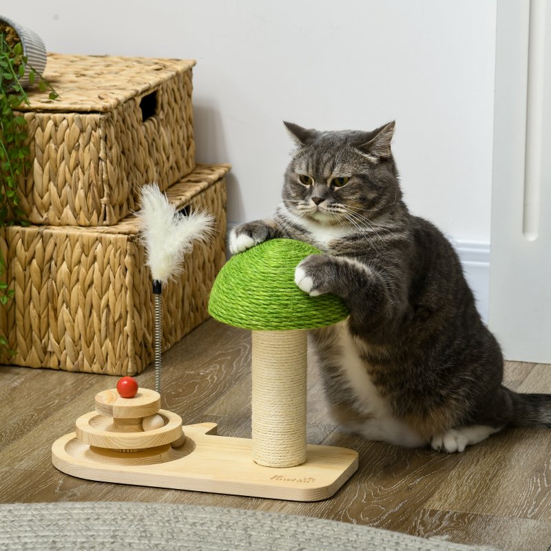 PawHut 26cm Cat Scratching Post, Mushroom-Shaped Cat Post with Toy Balls, Feather, Sisal Scratch Post for Indoor Cats - Natural tone and green