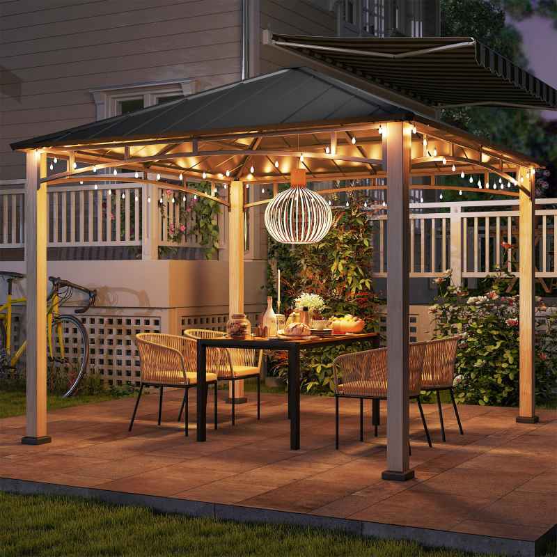 Outsunny 3 x 3(m) Hardtop Gazebo Canopy with Galvanised Metal Roof, Garden Gazebo Permanent Pavilion with Wood Grain Strong Columns and Top Hook for Patio, Deck