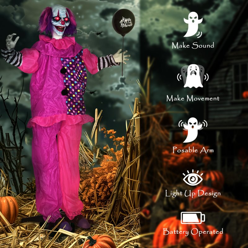 Outsunny 5.7ft/175 cm Life Size Halloween Animated Clown & Balloon with Red Light Up Eyes, Sound Activated Moving Body, Scary Clown Halloween Decorations, Battery Operated, Indoor Party Props