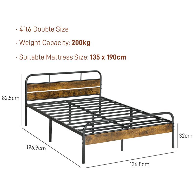 HOMCOM 4ft6 Double Bed Frame with Headboard, Platform Bed Frame with Underbed Storage, Slat Support, No Box Spring Needed, Easy Assembly, Rustic Brown