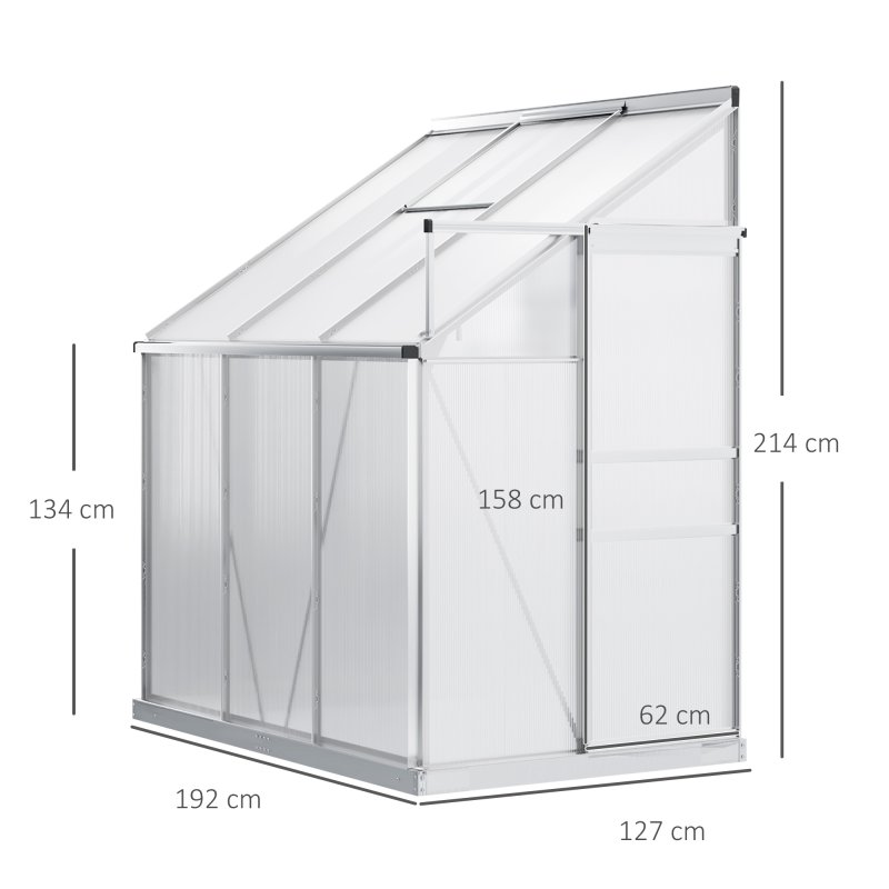 Outsunny 6 x 4ft Lean to Wall Polycarbonate Greenhouse Aluminium Walk-in Garden Greenhouse with Adjustable Roof Vent, Rain Gutter and Sliding Door, Clear