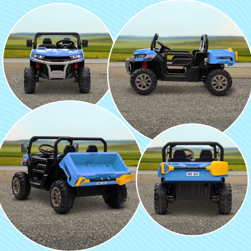 HOMCOM 2 Seater Kids Ride On Car with Electric Bucket, 12V Battery Powered Electric UTV with Shovel, Parental Remote, 4 Spring Suspension Wheels, Working Horn, Music - Blue