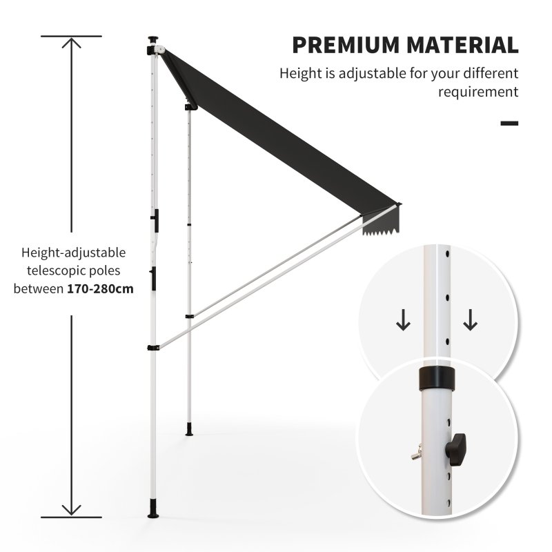 Outsunny Balcony 3 x 1.5m Manual Adjustable Awning, DIY Patio Clamp Awning Canopy, Retractable Shade Shelter Easy to Move for Balcony, Grey