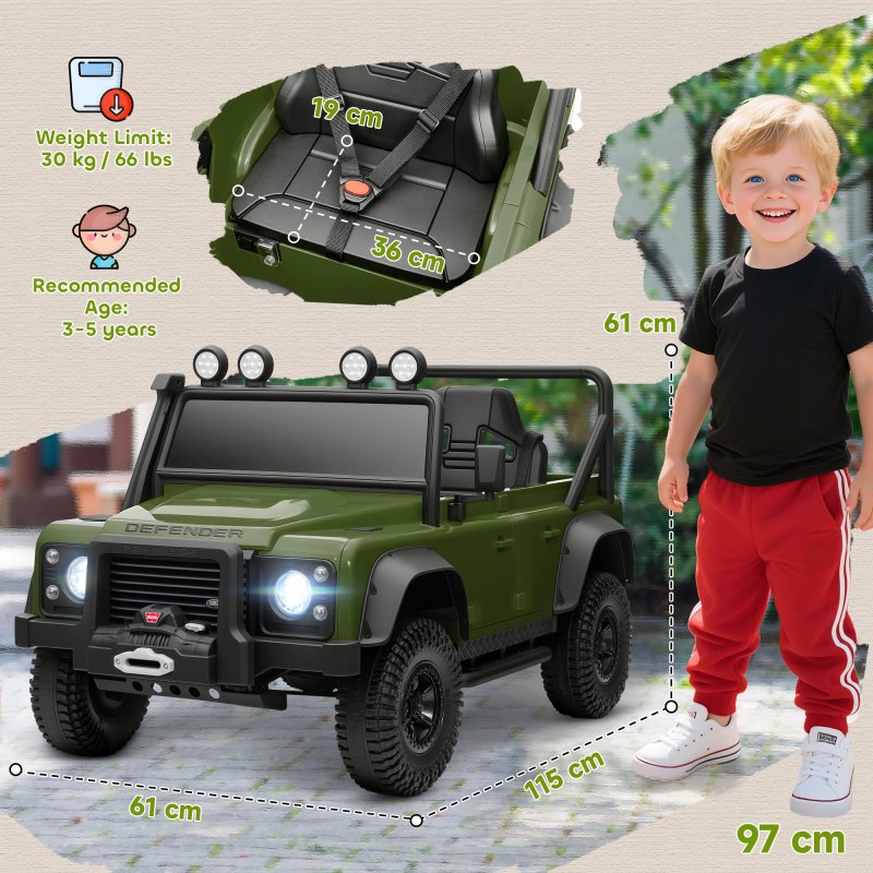 AIYAPLAY Land Rover Licensed Electric Car for Kids, 12V Battery-Powered Kids Ride On Car with Remote Control, Music, Horn, Suspension Wheels, LED Lights, Off-Road Toy for 3-5 Years Old, Green