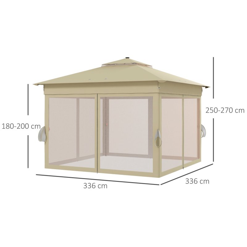 Outsunny 3 x 3(m) Pop Up Gazebo with Sides, 20 Solar-Powered LED Lights, Netting, Roller Bag, 4 Weight Bags, Marquee Party Tent, Height Adjustable Instant Event Shelter, Khaki