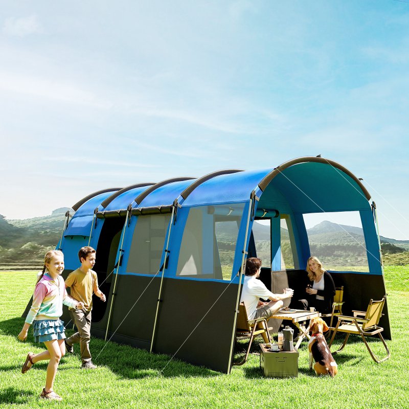 Outsunny 8-Person Camping Tent, Waterproof Family Tent, Tunnel Design, 4 Large Windows, Sleeping Cabins, 3000mm Water Column, Top Hook, Portable with Carry Bag, Blue