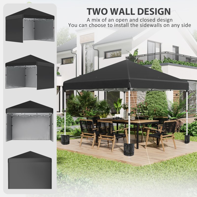 Outsunny 3 x 3 (M) Pop Up Gazebo with 3 Sidewalls, Leg Weight Bags and Wheeled Bag, Height Adjustable Party Tent Event Shelter for Garden, Patio, Black