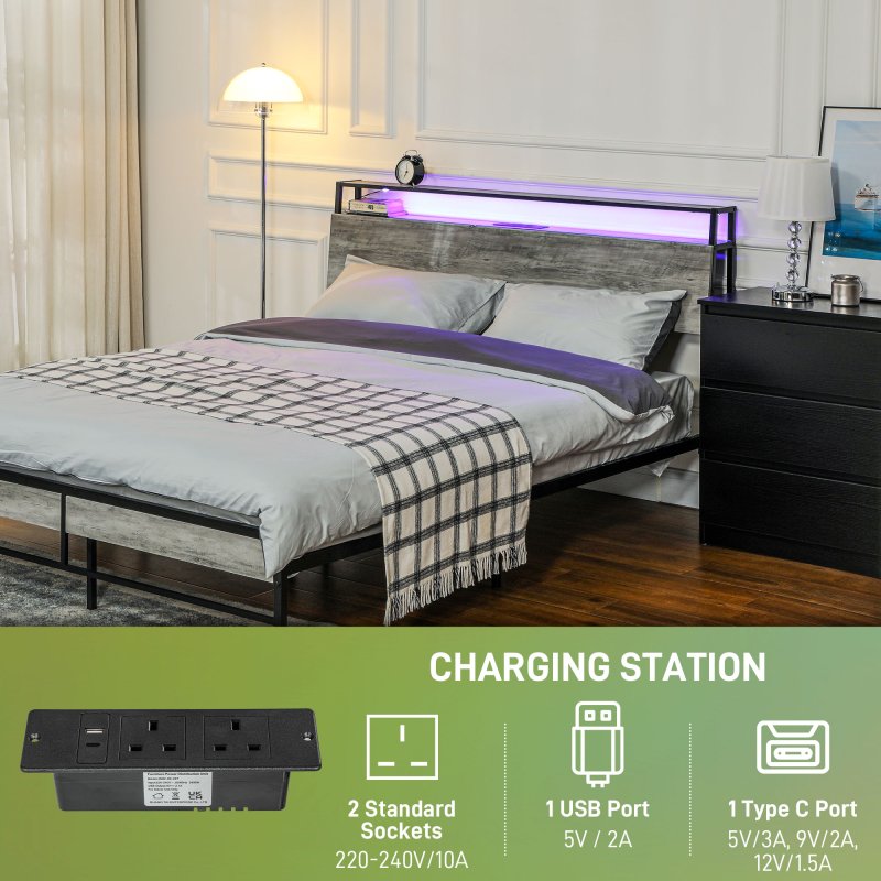 HOMCOM 5ft King Size Bed Frame with LED Lights and Charging Station, Platform Bed Frame with Storage Headboard, Steel Slat Support, No Box Spring Needed, Easy Assembly, Cement Grey