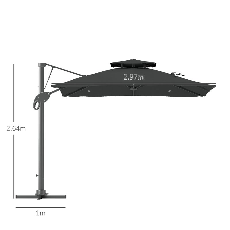 Outsunny 3 x 3 m Cantilever Parasol with Hydraulic Opening, Heavy Duty Aluminium Hanging Garden Parasol, Double Top Square Patio Umbrella with 360° Rotation, 8 Ribs, Cross Base, Grey