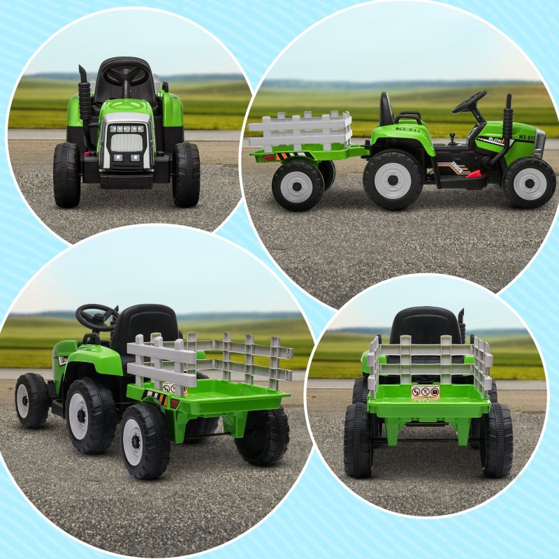 HOMCOM Electric Ride on Tractor 12V Kids Electric Car with Detachable Trailer Remote Control, Music, Horn, Lights, Start-Up Sound, for Ages 3-6 Years - Green