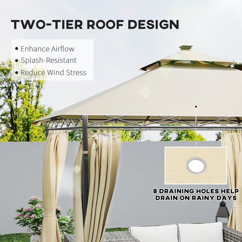 Outsunny 3 x 3 m Garden Gazebo, Double Roof Metal Gazebo with Curtains and Solar-Powered LED Lights, Outdoor Canopy Shelter for Patio, Deck, Beige