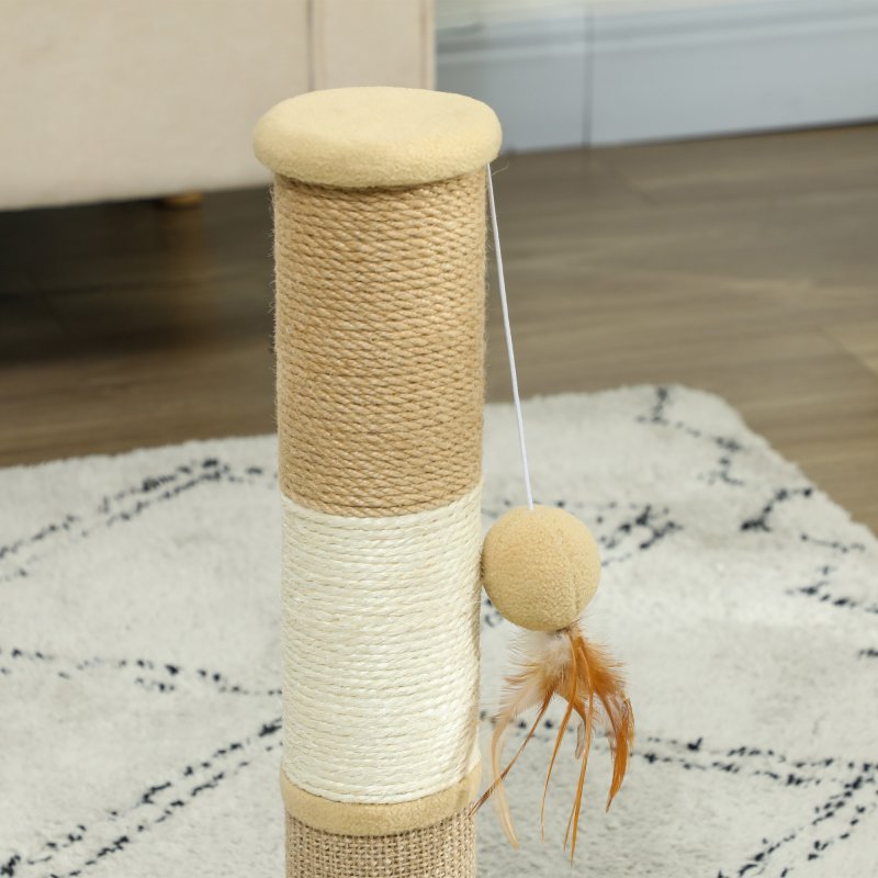 PawHut Cat Scratching Post for Indoor Cats, 47cm Tall Cat Scratcher with Jute Sisal Rope, Hessian fabric, Hanging Toy Ball, Feather, Kitty Climbing Tree with Anti-slip Base, Brown