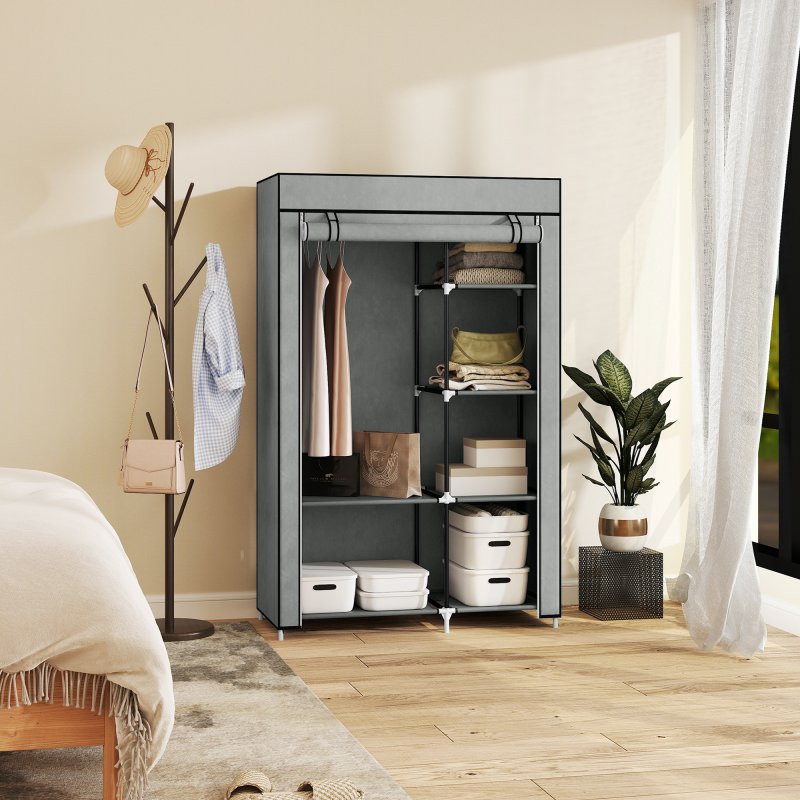 HOMCOM Fabric Wardrobe, Portable Wardrobe with 6 Shelves, 1 Hanging Rail, Foldable Closets, 103 x 43 x 162.5 cm, Light Grey