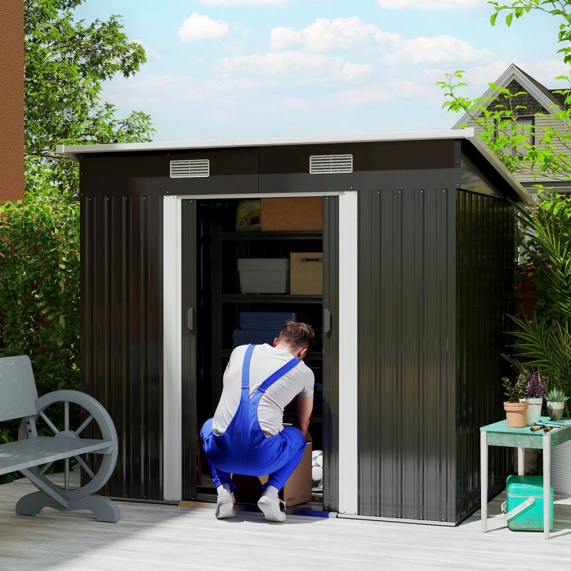 Outsunny 7 x 4ft Outdoor Storage Shed with Foundation Kit, Lean to Metal Garden Shed for Log, Rubbish Bin, Tool, Lawnmower, Bike, Patio and Lawn Use, Black