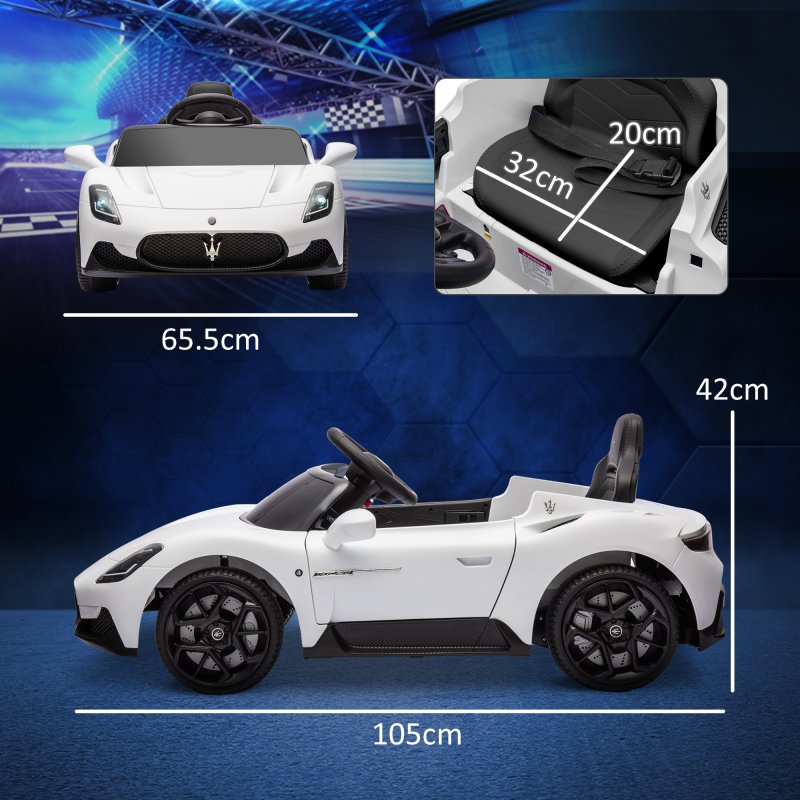 AIYAPLAY Maserati MC20 Licensed 12V Electric Car for Kids with Remote Control, Kids' Electric Ride on with Slow Start, LED Lights, Music, Horn, Spring Suspension, for 3-6 Years, White