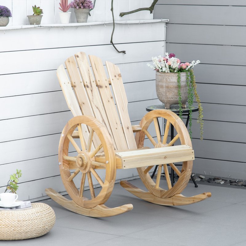 Outsunny Wooden Adirondack Rocking Chair Reclining Armchair Outdoor Garden Furniture Patio Porch Rocker - Natural