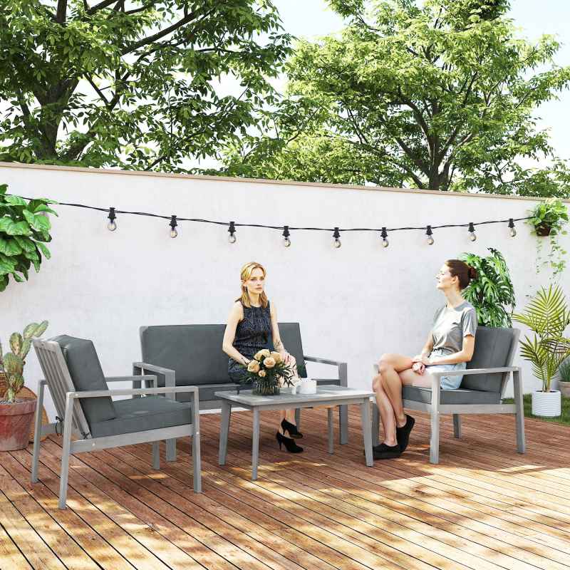 Outsunny 4 Pieces Garden Furniture Set with Cushions, Wooden Garden Sofa Set with 1 Loveseat, 2 Armchairs and 1 Coffee Table, Outdoor Table and Chairs for Conservatory, Balcony, Patio, Light Grey