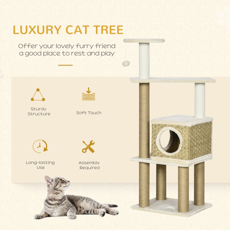 PawHut Cat Tree Climbing Kitten Tower Activity Centre for Indoor Cats w/ Jute Scratching Post, Cat House, Kitten Stand, Hanging Toy Ball - Beige