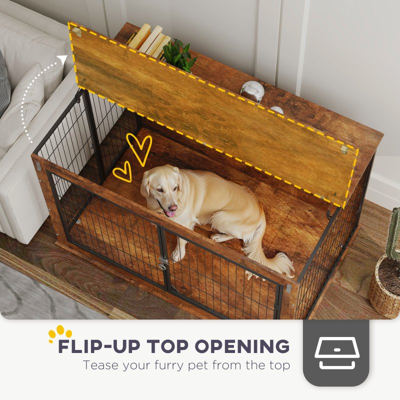 PawHut Dog Crate Furniture, Dog Cage End Table with Openable Top, Two Lockable Doors, for Extra Large Pets, 118 x 75 x 77cm, Rustic Brown