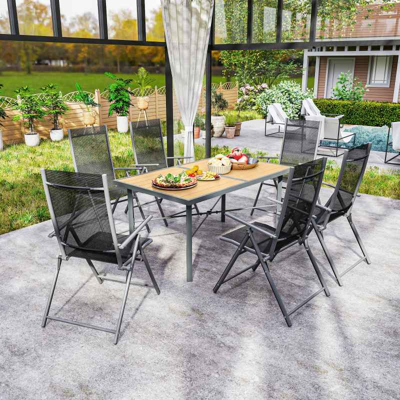Outsunny Garden Table for 6, 150 cm Rectangular Outdoor Dining Table with 5 cm Umbrella Hole, Wood Effect Top, Rust Resistant Frame, for Patio, Balcony, Terrace, Natural Wood Finish