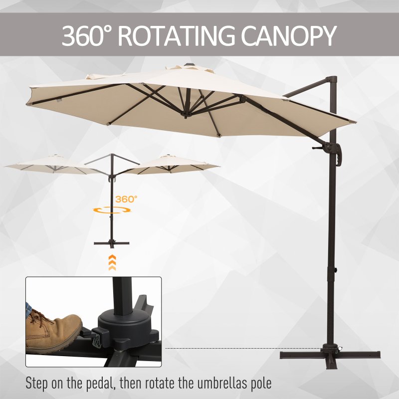 Outsunny 3M Cantilever Parasol, Hanging Garden Umbrella Sun Shade with 360 Rotation, Aluminium Frame, Cross Base, Hand Crank, Beige