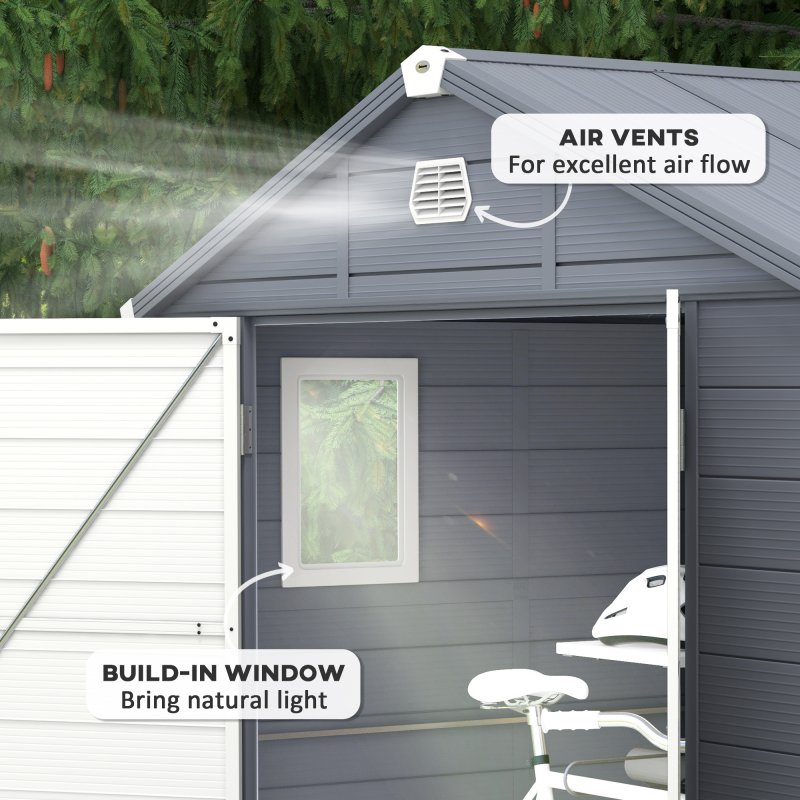 Outsunny 8 x 6ft Plastic Garden Storage Shed with Foundation Kit, Polypropylene Outdoor Storage Tool House with Ventilation Slots and Lockable Door, Grey