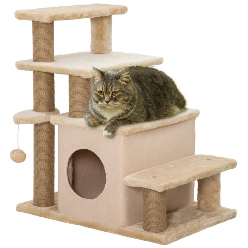PawHut Dog Steps for Bed, 4 Step Pet Stairs with Cat House, Detachable Cover, Jute Scratching Post, Cat Climb ladder for Sofa w/ Hanging Balls - Beige