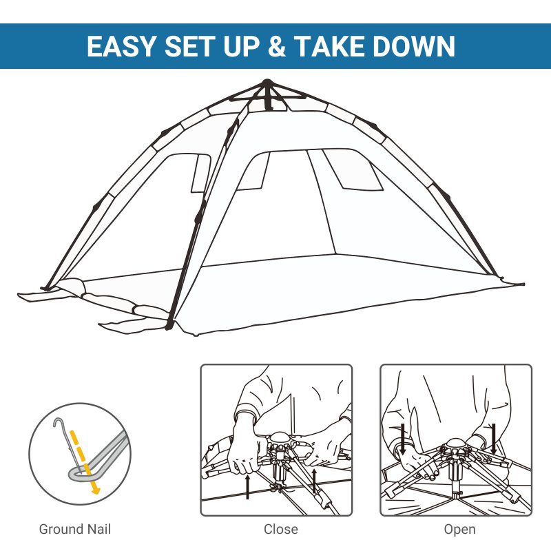 Outsunny 2 Man Pop-up Tent Beach Tent Sun Shelter w/ Windows Doors Hook Sandbags UV Protection Waterproof Outdoor Adventure Garden, Sky Blue