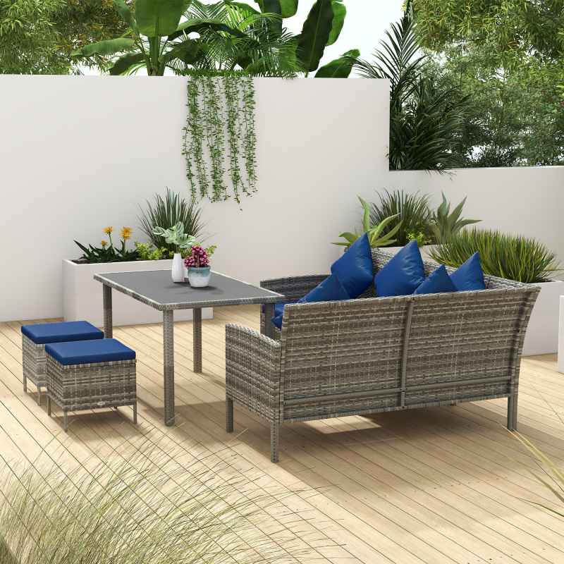 Outsunny 5 Pieces Rattan Garden Furniture Set, 6 Seater Wicker Dining Set, Corner Garden Sofa Outdoor Furniture Set with Glass Top Table, Footstool and Cushions for Patio, Dark Blue