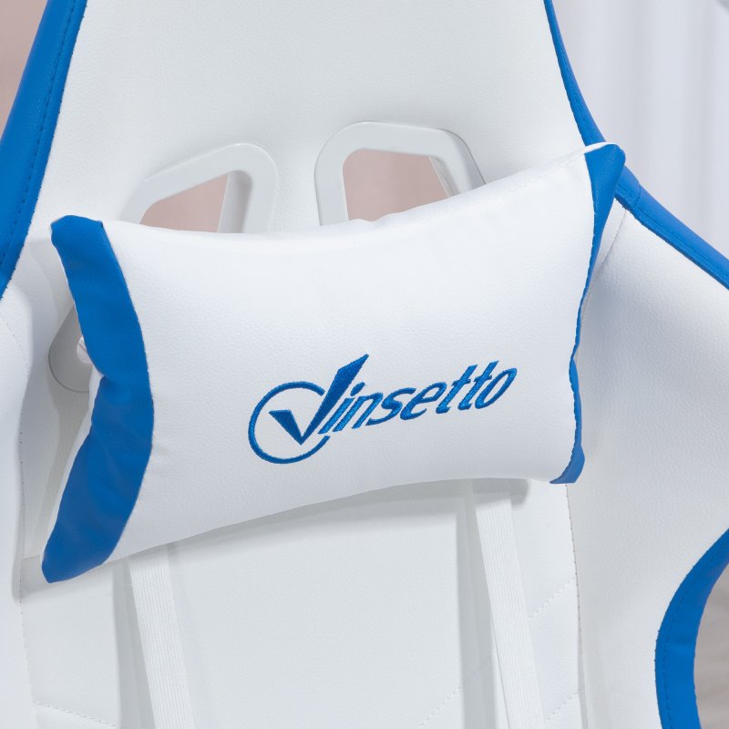 Vinsetto Computer Gaming Chair, PU Leather Office Desk Chair with Footrest, Swivel Wheels, 135?? Reclining Back, Lumbar Support, Headrest for Home, White and Blue