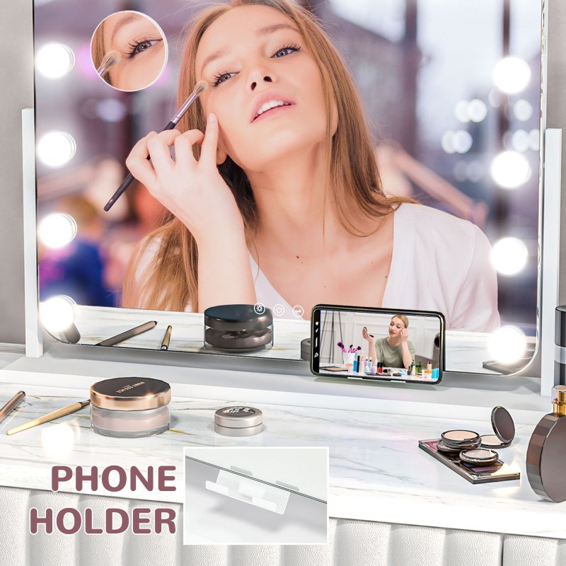 HOMCOM Hollywood Vanity Mirror with Lights, Large 63x50 cm Lighted Makeup Mirror with 3 Colour, 14 LED Bulbs, 10X Magnifying, USB Charging Port, Phone Holder, 360?? Rotation, Touch Screen