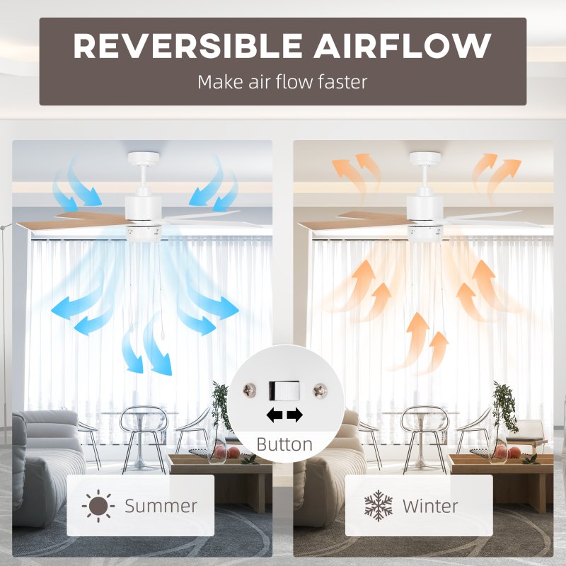 HOMCOM Ceiling Fan with Light, 130cm Flush Mount LED Ceiling Fan Light with 4 Reversible Blades, Pull-chain Switch, for Bedroom Living Room, White and Natural Tone