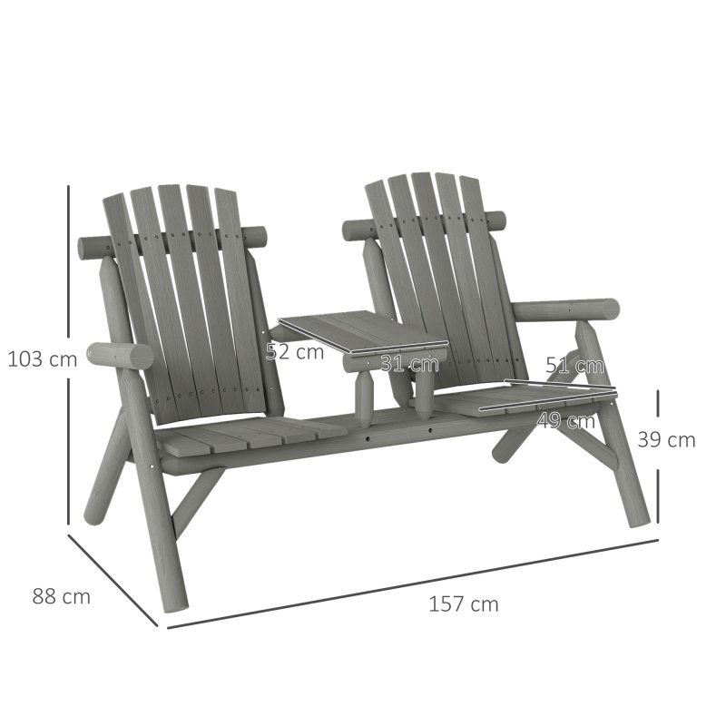 Outsunny Wood Patio Chair Bench 2 Seats with Centre Coffee Table, Garden Bench for Lounging and Relaxing Outdoors, Grey