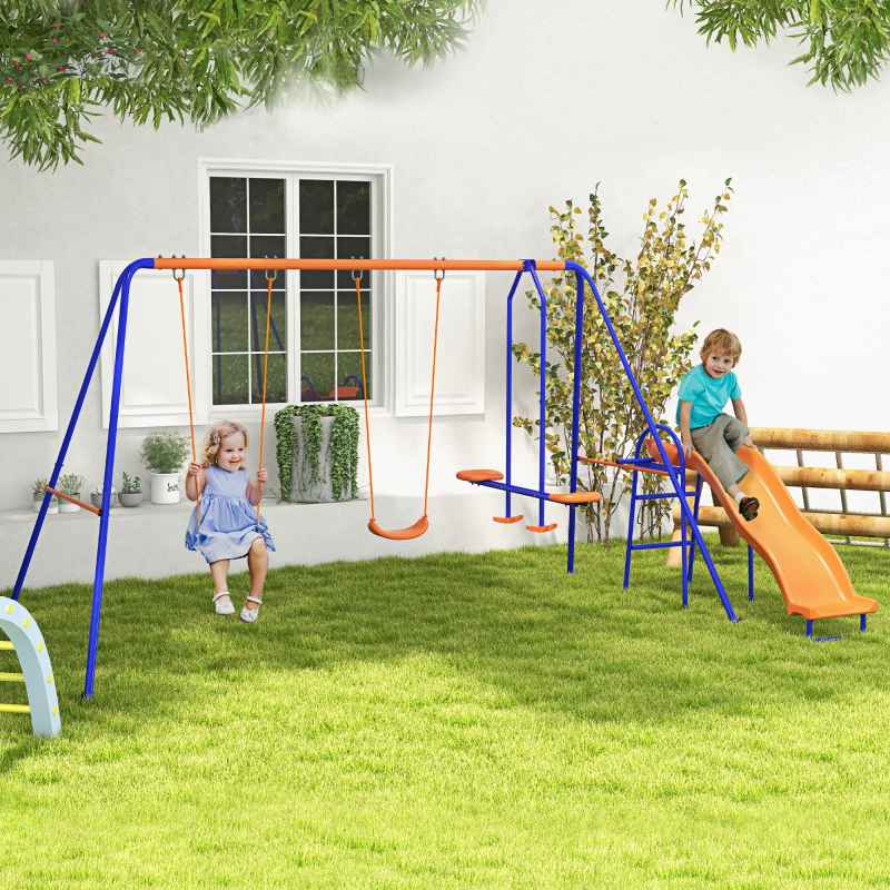 Outsunny 4 in 1 Garden Swing Set, Metal Kids Swing Set w/ Double Swings, Glider, Slide, Ladder, for Outdoor Play - Multicoloured