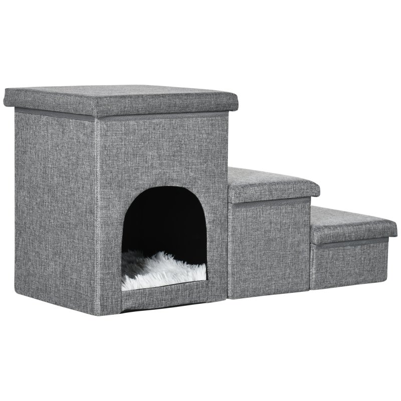 PawHut Dog Steps for Bed, 3 Step Pet Stairs with Kitten House and 2 Storage Boxes, 3 in 1 Dog Ramp for Sofa with Washable Plush Cushion, Light Grey