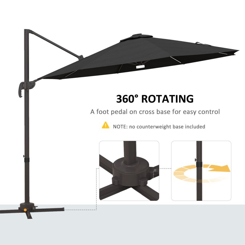 Outsunny 3(m) Cantilever Roma Parasol Garden Sun Umbrella Outdoor Patio with 360 Rotation Crank & Tilt Aluminium Frame LED Solar Light Cross Base, Dark Grey