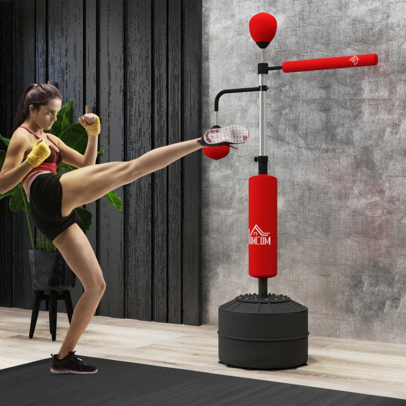 HOMCOM 3-in-1 Boxing Punching Bag Free Standing with 2 Speed Balls, 360 Degree Relax Bar, PU-Wrapped Boxing Bag and Fillable Base, 160-230cm Adjustable Height, Red