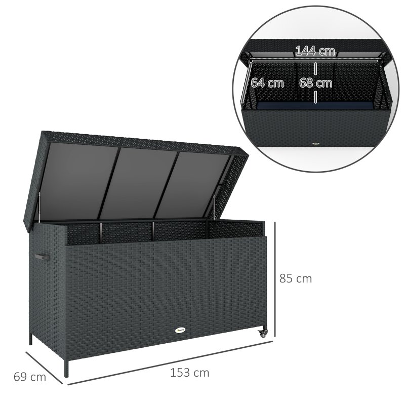 Outsunny 627 L Rattan Garden Storage Box, Outdoor Garden Cushion Storage Box with Gas Lift Lid and Wheels, Outdoor Rattan Chest Container for Cushions, Pillows and Tools, Black