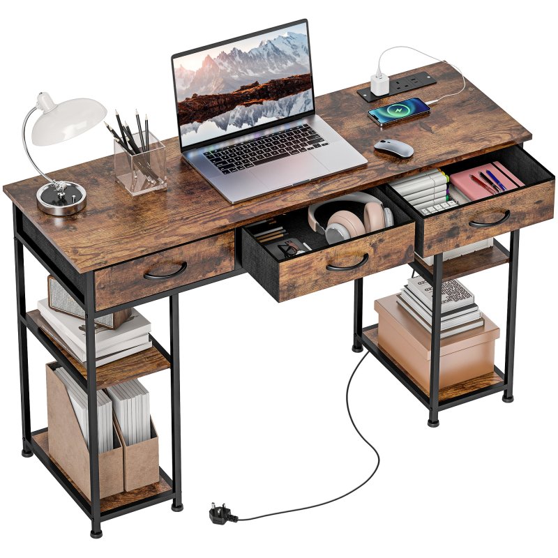 HOMCOM Computer Desk with Power Outlets, 120cm Home Office Desk with 3 Fabric Drawers and 4 Storage Shelves, Study Table Workstation for Bedroom