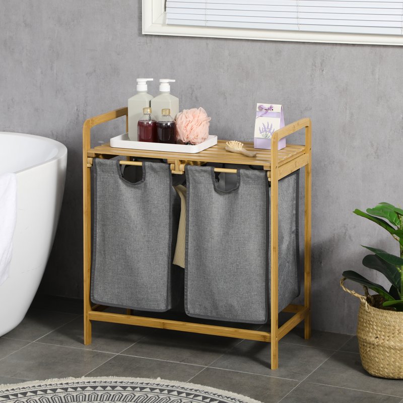 HOMCOM Bamboo Laundry Basket, Laundry Hamper with Shelf, 2 Pull-out Bags for Bedroom, Bathroom, Laundry Room, 64 x 33 x 73 cm, Grey