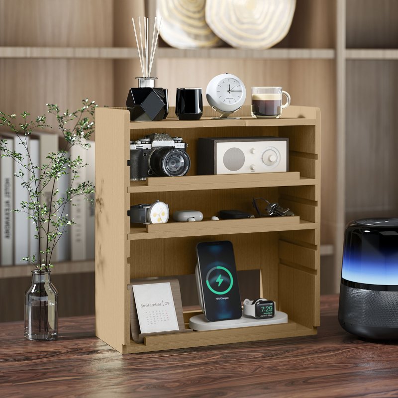 HOMCOM 4-Tier Desk Organiser, Multifunctional Assembled Desktop Organiser with Adjustable Shelves and Cable Management for Stationery, Office Supplies, Paper, Oak Tone