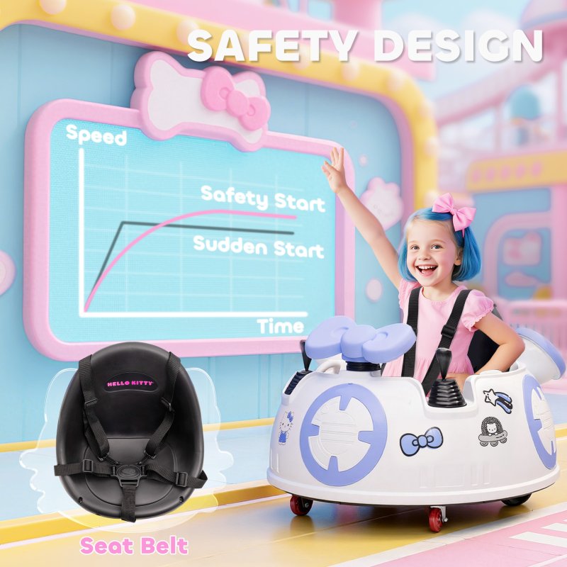 AIYAPLAY Hello Kitty Licensed Kids Bumper Car with Remote Control, 360° Rotation Spin Electric Ride On Waltzer Car with Dual Joysticks, Music, Lights, Safety Belt, for 1.5-5 Years Old, White