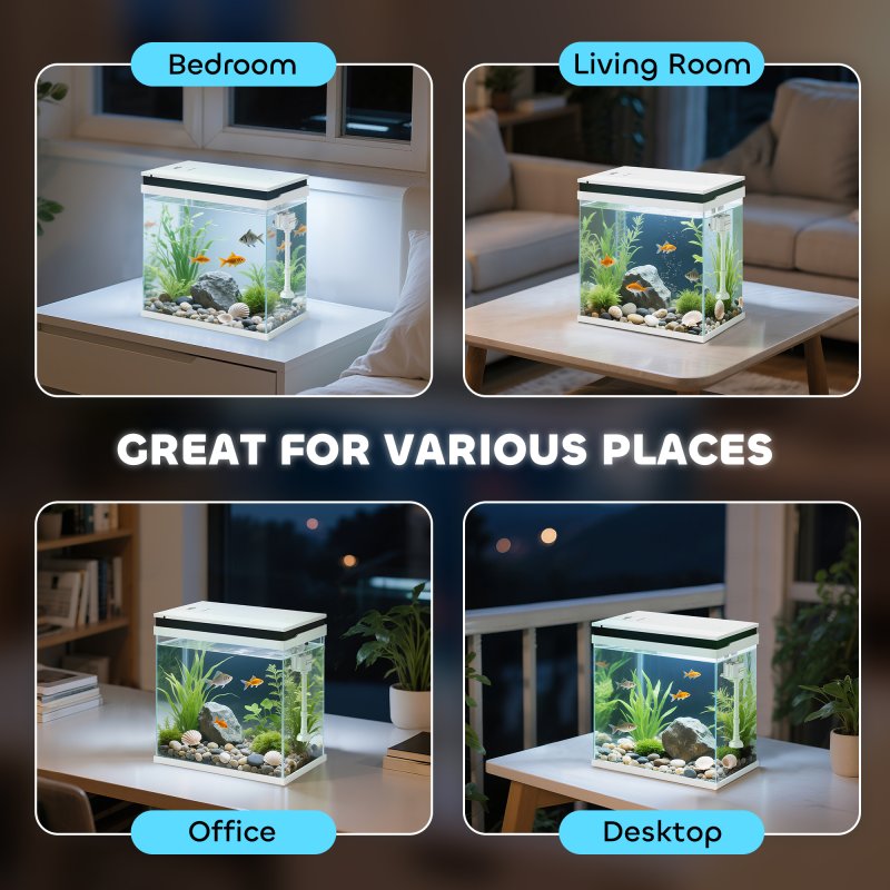 PawHut Fish Tank, 14L Glass Aquarium with Filter System, LED Lights, Water Pump, Betta Fish Tank for Goldfish, Shrimps, White
