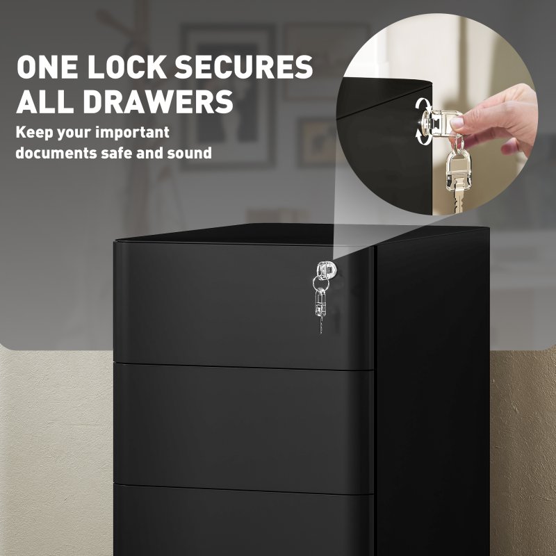 Vinsetto 3-Drawer Mobile Filing Cabinet, Steel Lockable File Cabinet for A4, Legal, Letter, Compact Under Desk Storage Unit with Pre-Assembled Body for Home Office, 30 x 45 x 59cm, Black