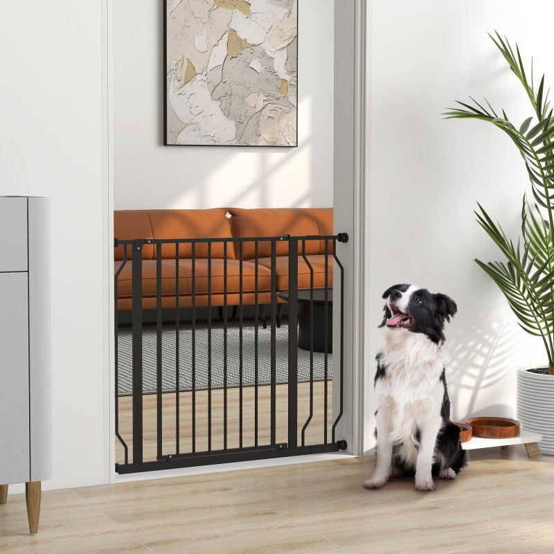 PawHut Dog Gate Wide Stair Gate w/ Door Pressure Fit Pets Barrier for Doorway, Hallway, 76H x 75-95W cm - Black