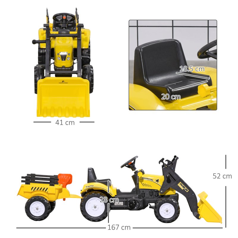 HOMCOM Kids Pedal Go Kart, Children Ride on Digger, Ride on Toy Car, Excavator Tractor Digger Dumper for Kids 3 Years, Yellow